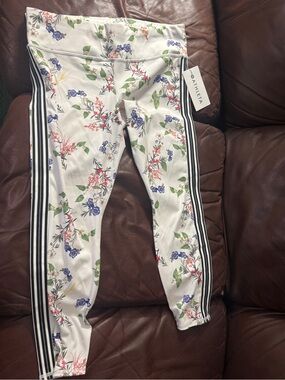 Athleta White Floral Capri Leggings with Black Side Stripes